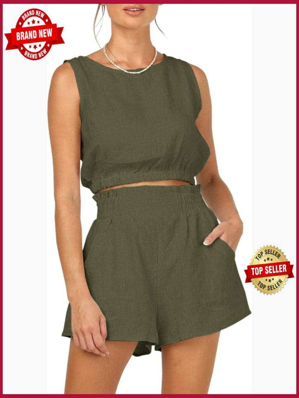 Women's 2pc Summer Outfits Sleeveless Crop Top Shorts Set Loose Fit Pocketed